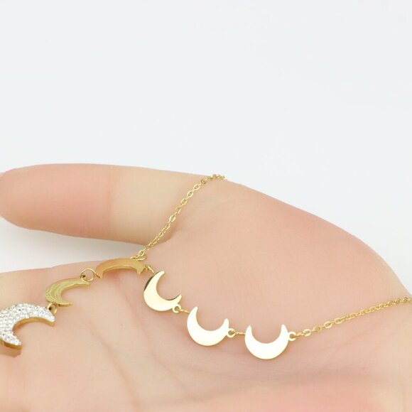 Gold Plated Moon Phase Necklace with Elegant Crescent Charms, XPNL0384 - Picture 4 of 13
